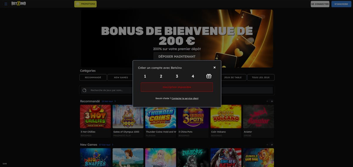 Capture d'écran du formulaire d'inscription Betzino montrant les champs requis