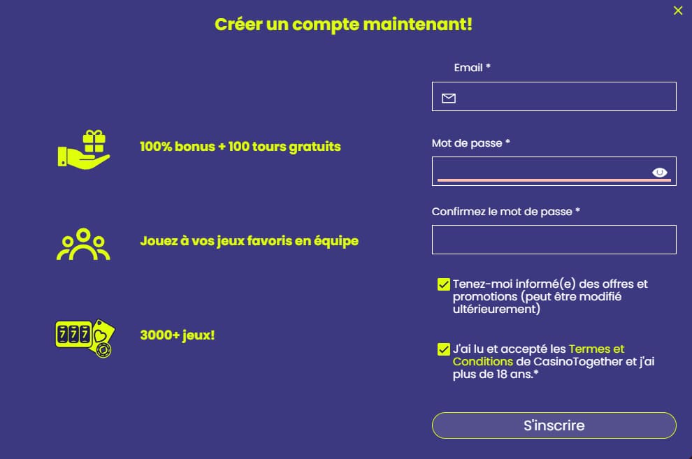 Créer un compte sur Casino Together