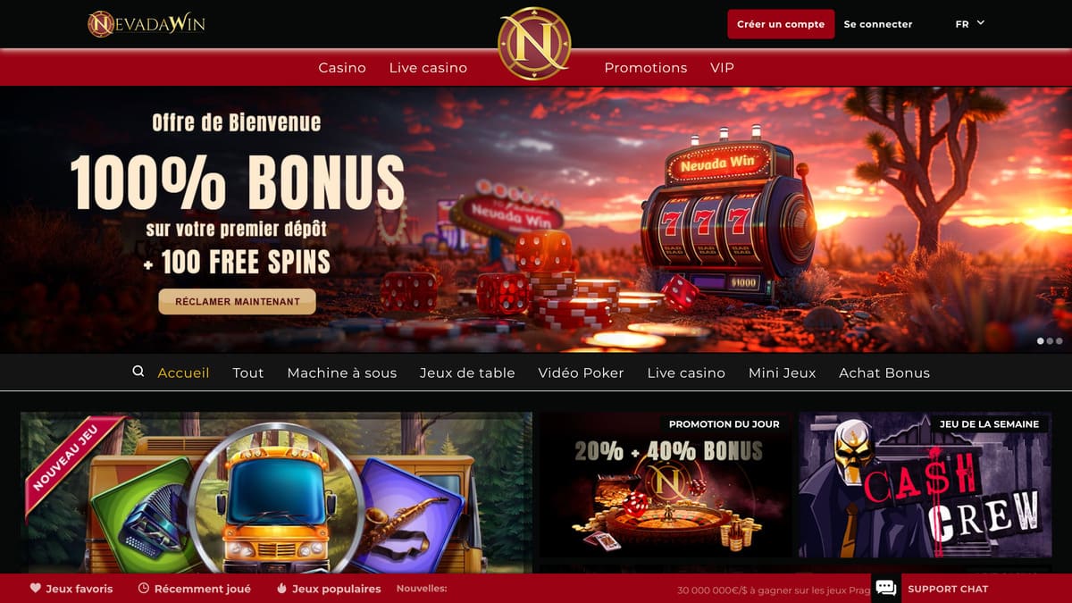 Nevada Win Casino | 100% Bonus jusqu'à 500€ | Avis 2025